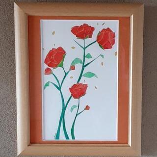 水彩画（直筆　絵画　額縁付き）：赤い薔薇