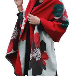 大判 ストール 花柄 リバーシブル レッド 赤の画像