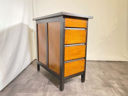 袖机 机 作業台 茶×黒 引き出し付き 中古品