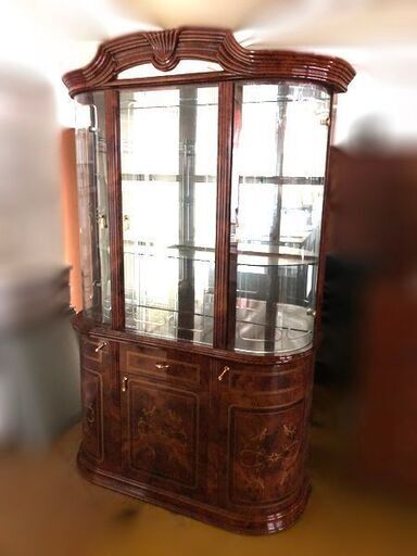 イタリア製 クラシック 照明付きガラスキャビネット インテリア アンティーク風 木製 約W94×D50×H160cm 【自社配送は札幌市内限定】倉庫保管（藻）