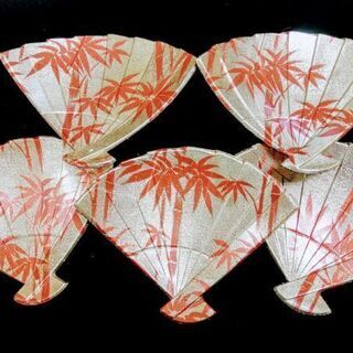 ●扇形 菓子盆セット 未使用 ゴールド 朱赤の画像