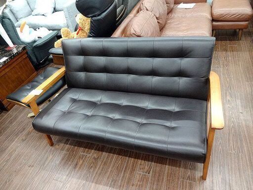 札幌 引き取り 2人掛けソファ 木肘 木製フレーム 合皮 2Pソファ シンプル