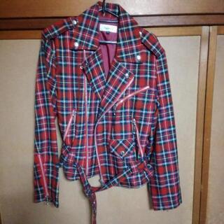 赤チェック メンズ ライダースジャケット サイズM
