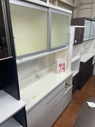 パモウナ　レンジボード　2枚扉　ホワイト×シルバー