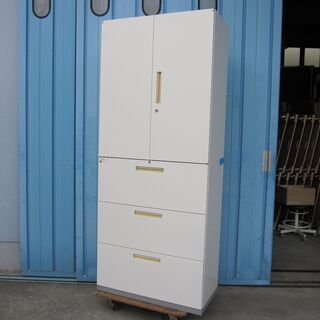 上下書庫セット　ホワイト　両開き/3段ラテラル　鍵あり　イナバ製