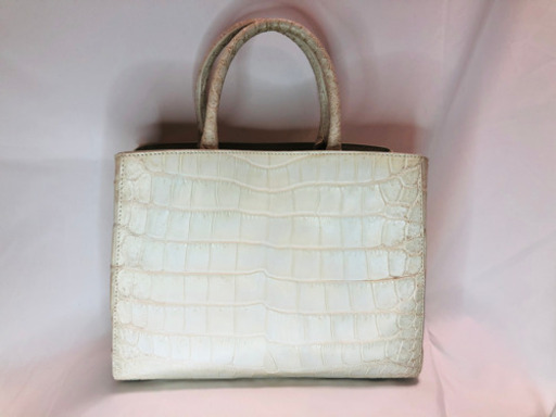クロコ　ワニ革 ハンドバッグ ショルダー付 バニラ 白 本革 キレイ