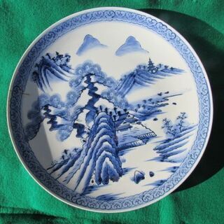 鍋島焼 鍋島定山作 染付 山水画  大皿 一枚 直径31cm 中...