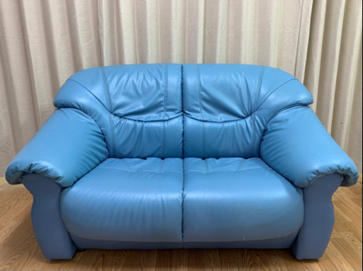 【値下げしました】ソファ レザー 皮 青 インテリア 2人がけ 掃除済み