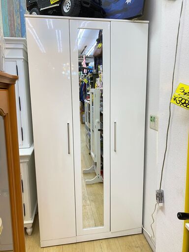 ワードローブ クローゼット 鏡面仕上げ 白 ホワイト 鏡付き FSV2-100WR 衣類収納 コート ハンガー ★買取帝国 朝霞店