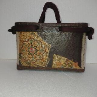 一閑張り カゴバッグ No.37 茶地 汕頭刺繍 幾何学図形模様の画像