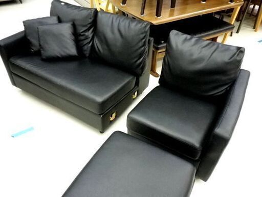 3人掛けソファ カウチ 幅183×奥行138×高さ78cm 合皮 黒 ブラック オットマン 分割可能 クッション2個付き 札幌 厚別店
