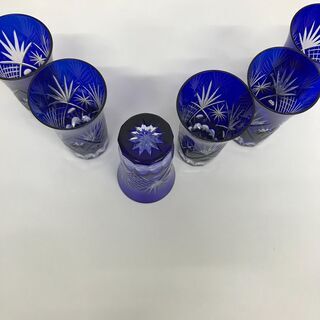 店頭販売済み😻にゃんにゃんセール😸江戸切子　矢来紋　菊花紋　菊底　グラス　6個セット　青😺の画像