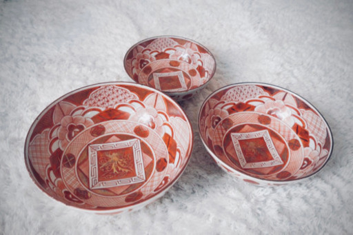 美しいお品物◇九谷焼　赤絵花文鳳凰図鉢　三つ重ね　骨董のある暮らし　アンティーク