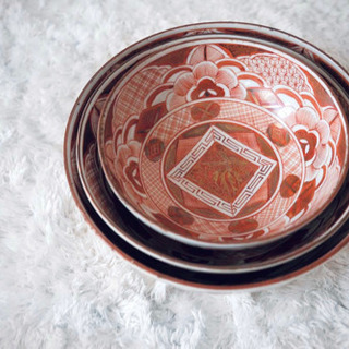 九谷焼　赤絵　三つ重ね鉢 九谷焼 赤絵 三つ重ね鉢