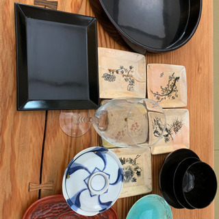 古い皿　色変わりした盆　金継ぎした器など