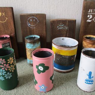④　リメイク缶　７個セット　ステンシル　サビ加工　錆　多肉植物　...