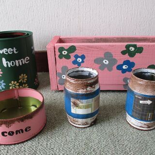 ⑥　リメイク缶　ウッドプランター　６個セット　錆び加工　多肉植物...