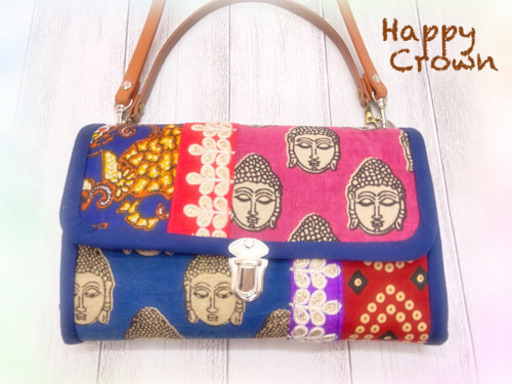 【Happy Crown ハンドメイド】アジアン＆エスニックな長財布　通帳も入るので、コレ１つでお出かけOK!  ショルダー、手持ちベルト、取り外し可能　赤＆青