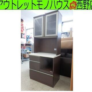▶レンジボード ブラウン 80×50×190 2枚扉 スライド棚 コンセント2カ所 木目 セパレート キッチンボード 食器棚 キッチンラック 家電ボード レンジラック 札幌 西野店
