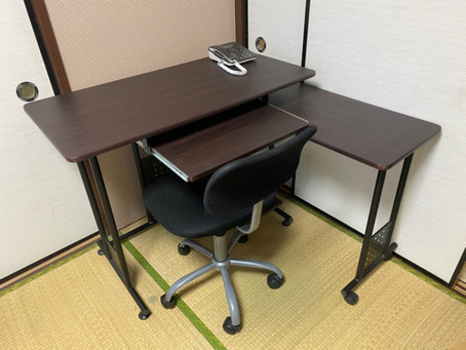 【中古】ワークデスク　チェア付き　サイドテーブルでL字可能