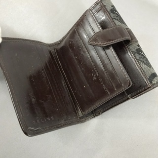 CELINE オールドセリーヌ マカダム エナメルレザー×キャンバスコンパクト折財布の画像
