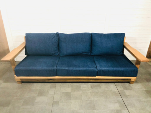 ◆美品◆ SADAMOKU DESIGN　無垢材 児島デニム ソファ 3P(3人掛け) ブルー Sレーベル　使用感低