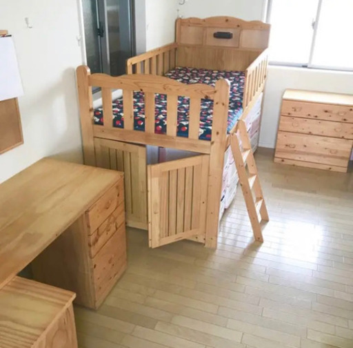 宮照明＆扉付き! システムベッド ロフトベッド 収納 セット　キッズ　子供ベッド　子供部屋　木製　木目調 シングル