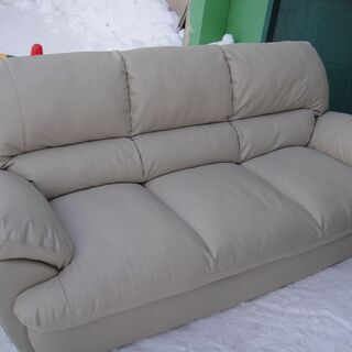 フェイクレザー張り3人掛けソファ アイボリー 合成皮革 ハイバック