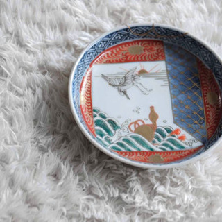 美しいお品物◇古伊万里　染錦小皿　鶴荒磯　金継ぎ済　時代物　アン...