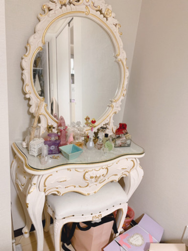 アンティークドレッサー ロココ調 姫 ピンク イス付き