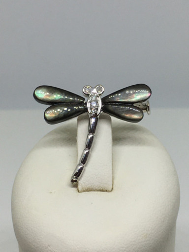 ホワイトゴールドと黒蝶貝のトンボ型ペンダントブローチ 中型