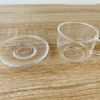 耐熱ガラス　ティーポット、ウォーマー、カップ、茶葉入れのセットの画像
