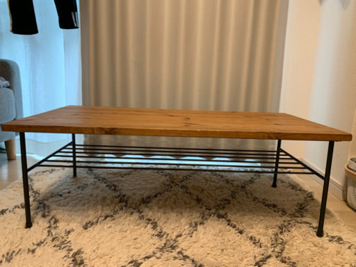 【3/19まで】】90cm×45cm　棚付ローテーブル　パイン材　アイアン
