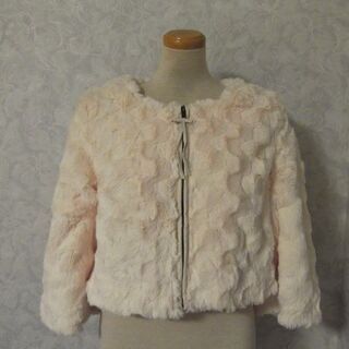 美品【Brownie bee】ブラウニービー　ファージャケット　ブルゾン　ノーカラー　キナリ　ピーチ　リボンファスナー　中古USEDの画像