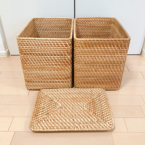 無印良品】重なるラタン長方形バスケット・特大 2個 + 割引 蓋1個 無印 MUJI 無印良品　重なるラタン長方形バスケット・中（4個セット）