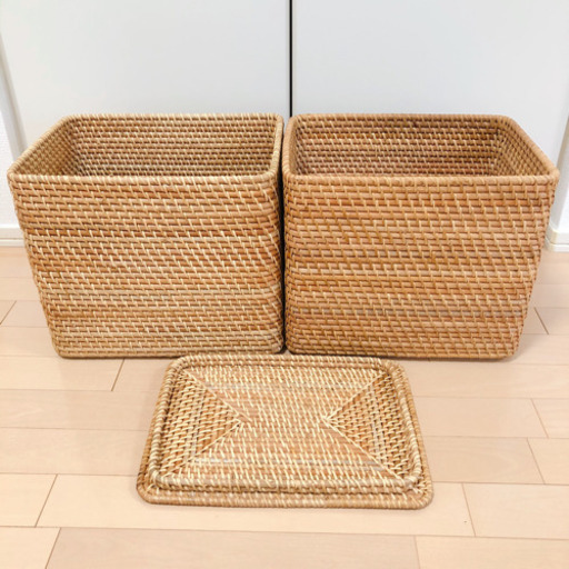 【無印良品】重なるラタン長方形バスケット・特大 2個 + 蓋1個