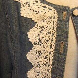 【L'EST ROSE】レストローズ　ノーカラー デニムジャケット　レースフリル　レースアップ　編み上げ　清楚 　中古USEDの画像