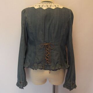 【L'EST ROSE】レストローズ　ノーカラー デニムジャケット　レースフリル　レースアップ　編み上げ　清楚 　中古USEDの画像