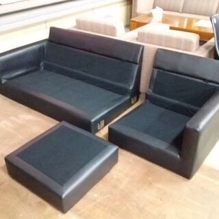 【店舗同時販売中】　メーカー不明　セパレート　オットマン式カウチローソファー　ヘッドレスト、クッションあり　合皮＆ファブリック　黒、グレー　【店頭ご来店購入限定】