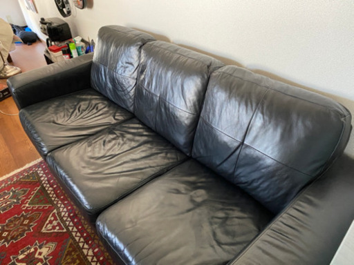 【4月10日AM引取限定価格】【定価10万円】IKEA イケア ソファ 3人掛け 本革 3シーター SKOGABY 黒 皮張り