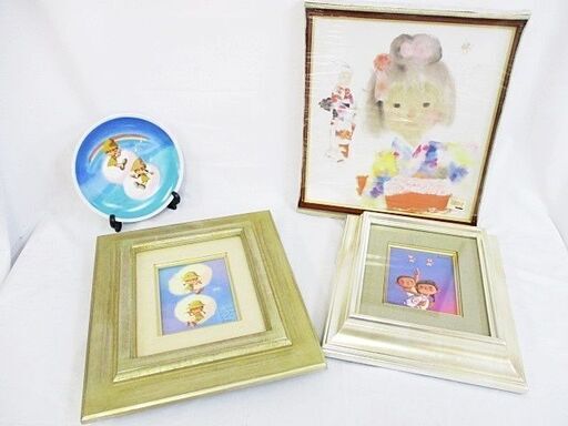 絵画/絵皿 セット Sen. 「赤とんぼ」「シューベルト「きけきけひばり」」/いわさきちひろ 「晴れ着を着たふたりの少女」複製画 色紙