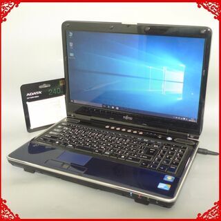 送料無料 新品SSD240GB ノートパソコン 中古良品 15.6型 富士通 NF/E75 Core2Duo 4GB BD-RE 無線 Windows10 テンキー LibreOffice ブルー系 