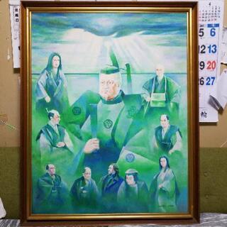 1点物！油絵50号『御来光差す徳川家康と側近』歴史物 特大サイズ 額入り