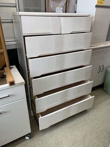 ハイチェスト 6段 幅89cm ホワイト レール付き 洋服タンス 洋服収納 大容量 白 光沢 南12条店