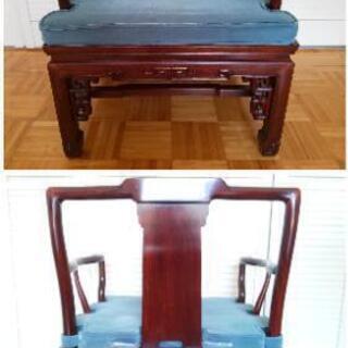 【アンティーク】中国彫木製　テーブル&椅子セット 唐木 花梨 天然木 総無垢 木彫 椅子 机 セット◇中国家具 応接セット