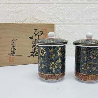 ss1043　未使用品　九谷焼　美泉造　夫婦湯呑　金彩　青粒鉄仙...