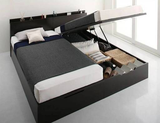 フレームのみ【未使用・訳アリ】跳ね上げベッド（縦開き）クイーンにもなるセミシングル2台セット・ダークブラウン・2401