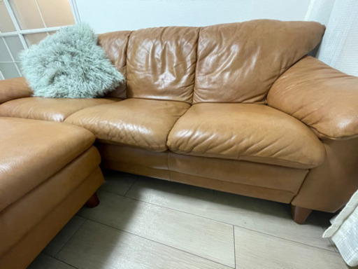 本革3人掛けソファ&オットマン キャメル 18,500円