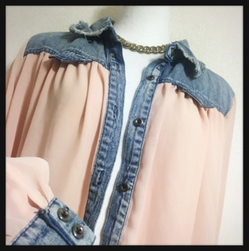 ご購入者様決定 デニム シフォン 異素材ミックス ブラウス ピンク長袖フリンジ ダンガリーシャツ