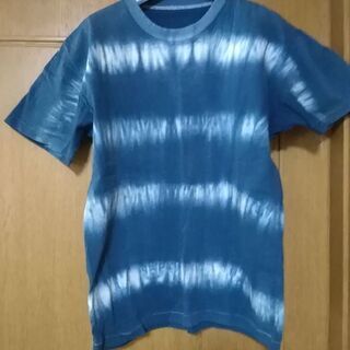 ダイタイ染め(カゴ染め) ティーシャツ　ヴィンテージ青ボーダー　サイズMーL　男女兼用　サイズ身丈65X幅50X袖丈約20cmの画像